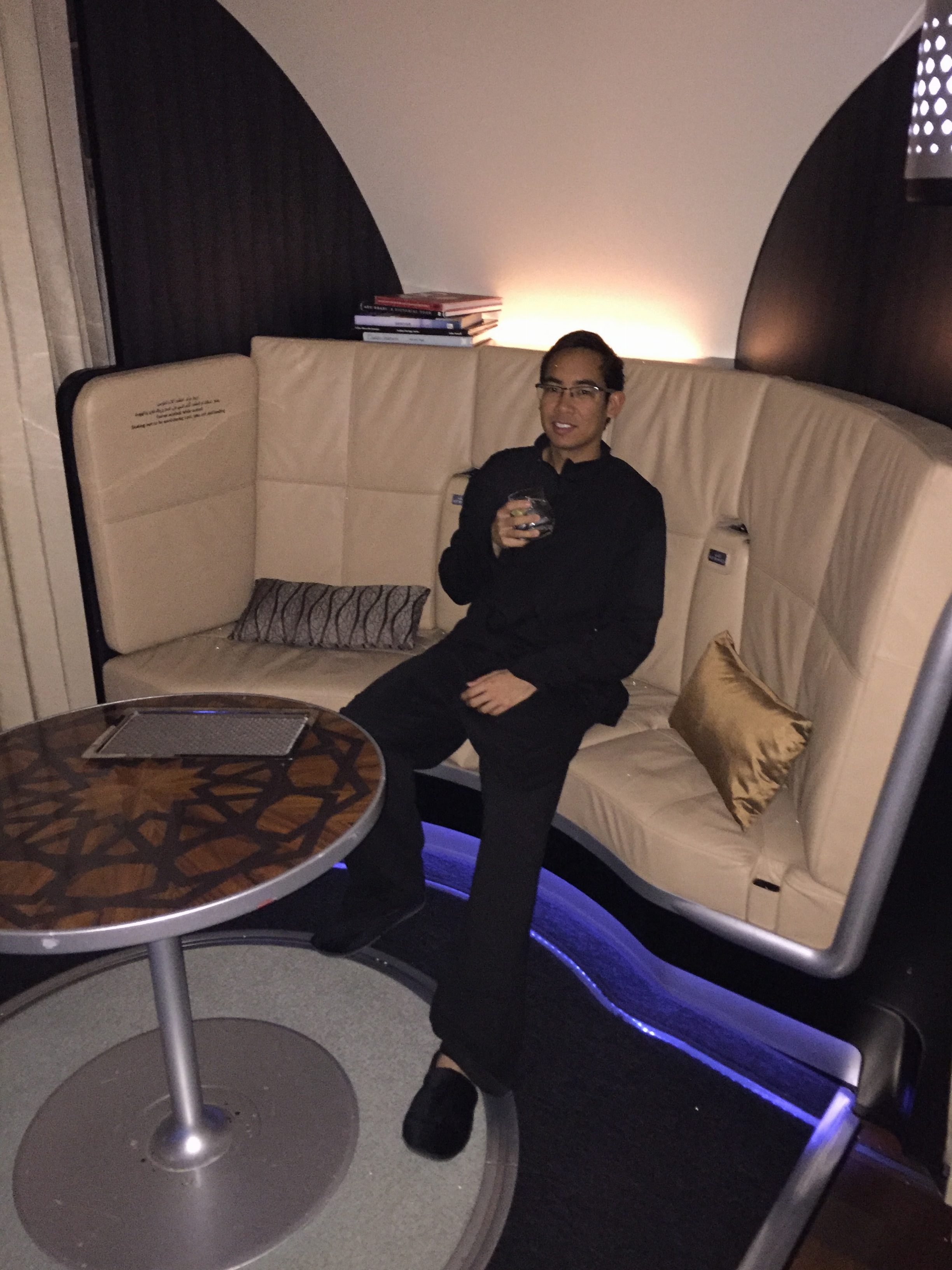 Having a drink in the shared on-board lounge