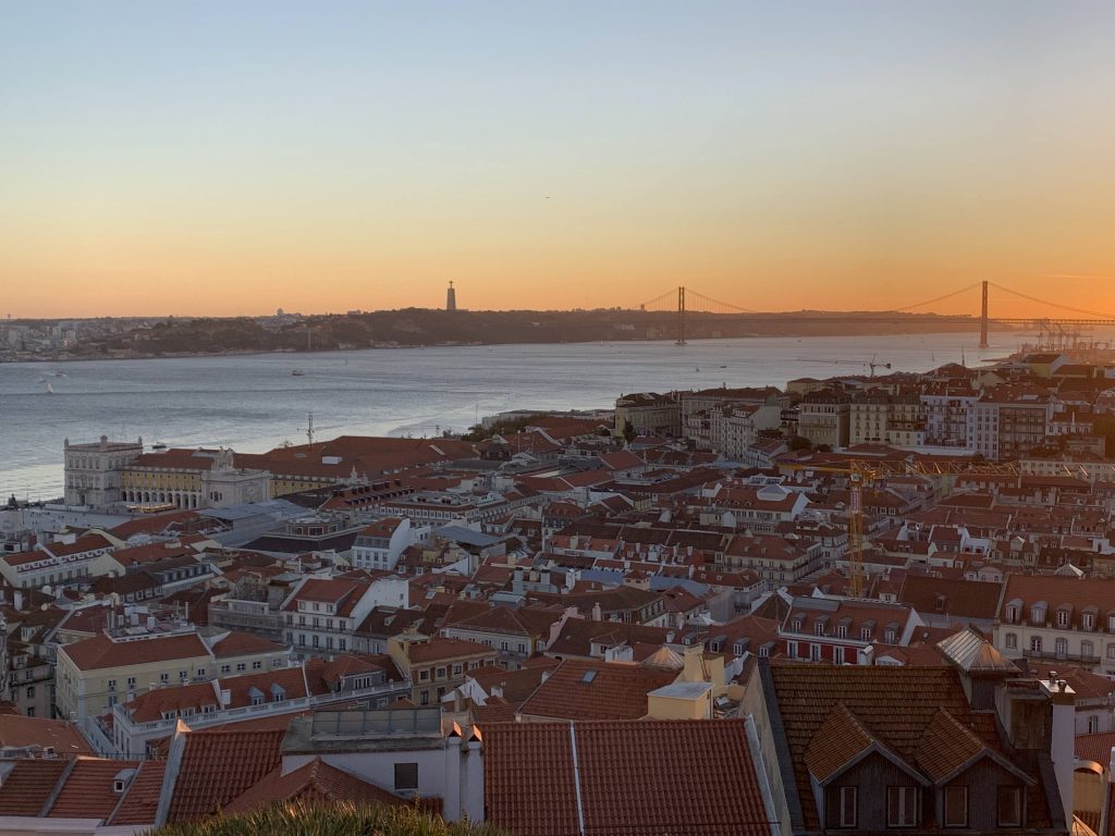 Sunset from Castelo de Sao Jorge overlooking the Tagus River in Lisbon in October